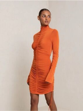 A.L.C. Orange ‘Nolan’ Ruched Bodycon Mock Turtleneck Long Sleeve Dress, Size XS